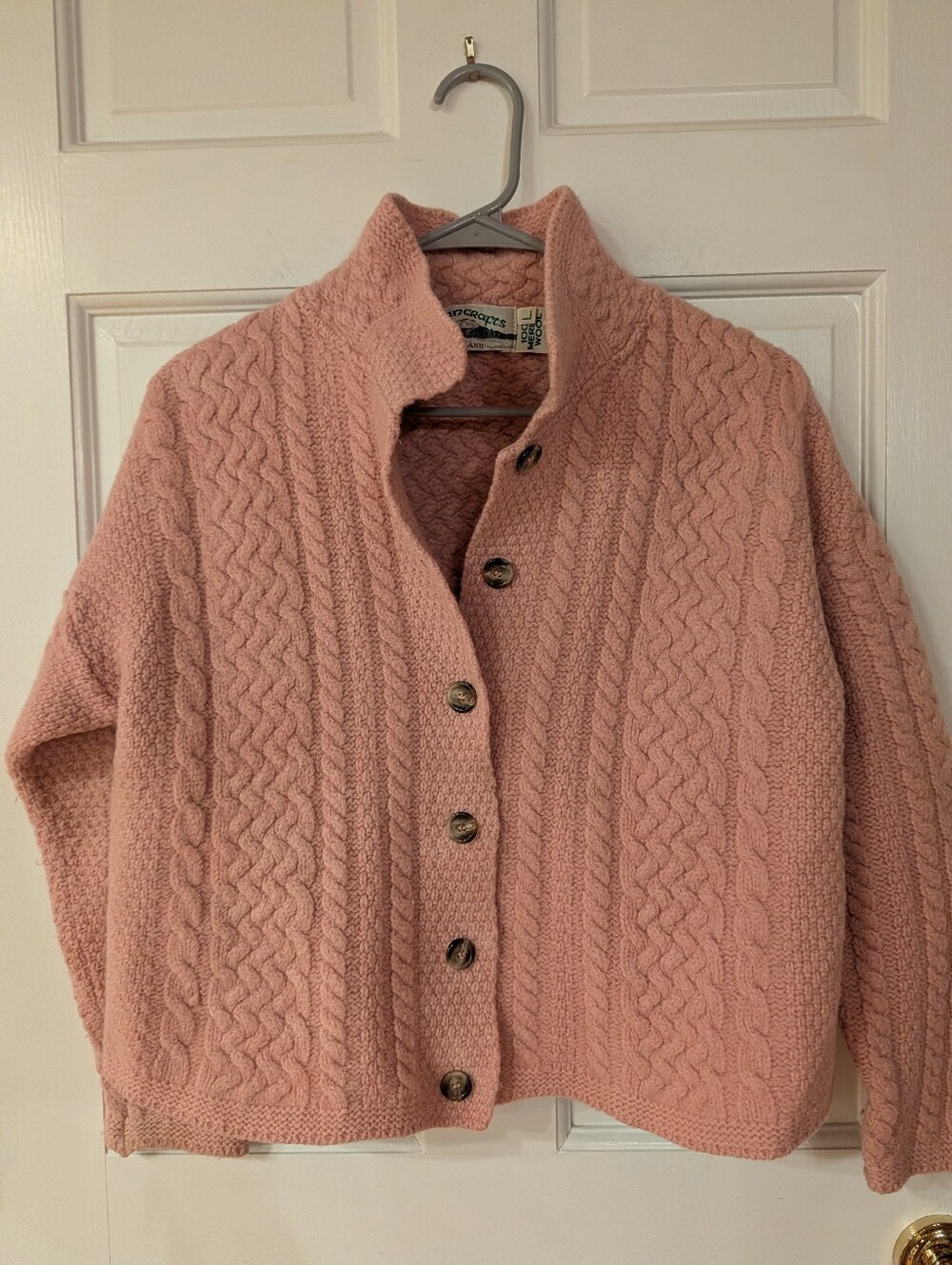 Vintage Aran Crafts Ireland Pink 100% Merino Wool Cable-Knit Button Cardigan L